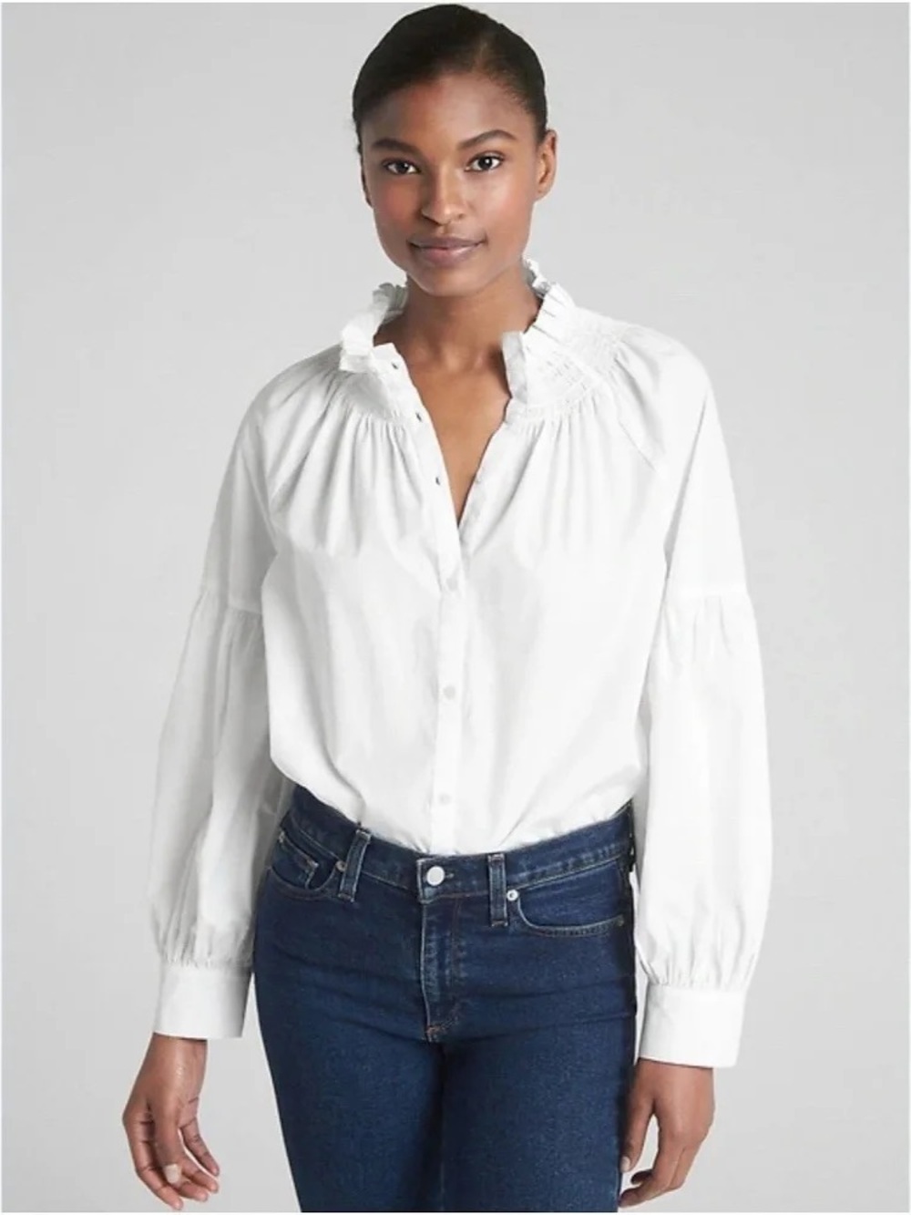 GAP White Ruffle-Neck Button Front Blouse Sz Sm